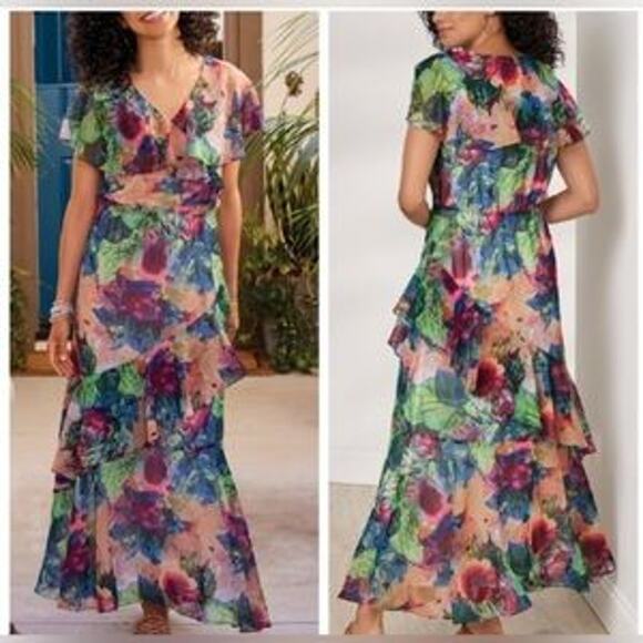 Soft Surroundings Ambrosia Floral Maxi Dress Tiered Ruffle Boho Women Large - Picture 1 of 12